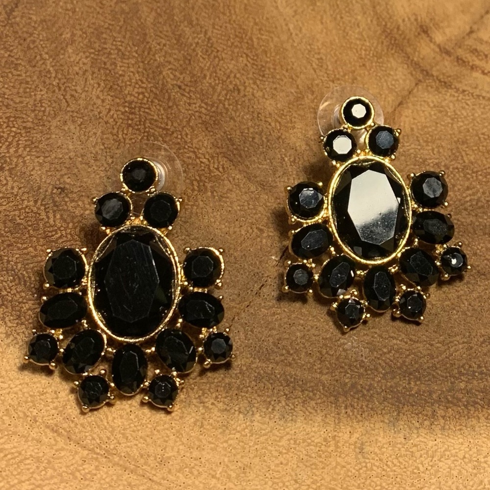 J. Crew Jewelry Gold Tone Metal Faceted Black Stone Fancy Formal Stud Earrings